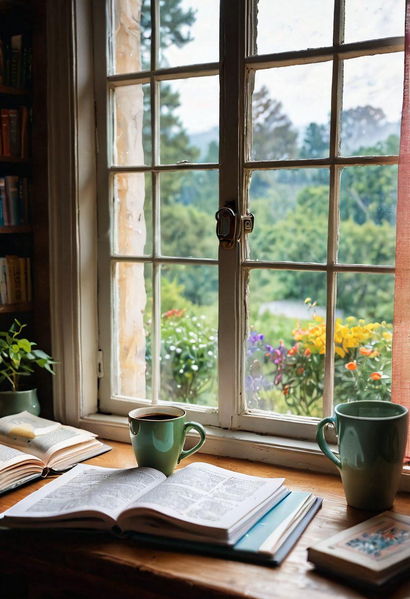 A cozy writing nook featuring an open notebook and a steaming cup of coffee, surrounded by crafted stories in colorful pages. A window shows a scenic view, symbolizing personal experiences shaping writing. Soft light enhances the inviting atmosphere, inviting creativity. watercolor style. bright colors. soft focus.