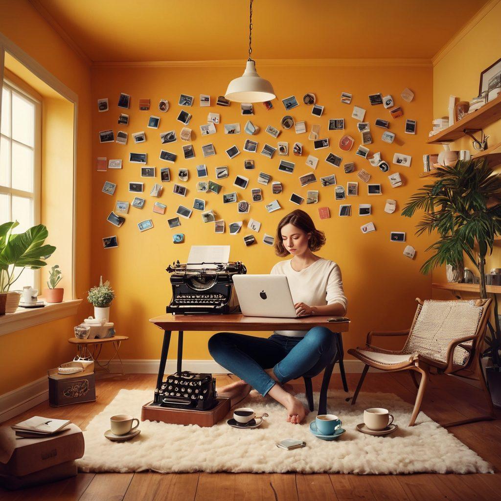 A whimsical scene depicting a writer seated at a vintage typewriter, surrounded by floating icons of lifestyle (coffee cups, yoga mats) and technology (laptops, smartphones). The background transitions from a cozy living space to a futuristic tech world, blending creativity with innovation. Soft, warm lighting enhances the atmosphere, while a gentle breeze carries paper scraps of ideas. eclectic style, vibrant colors, dreamlike quality.